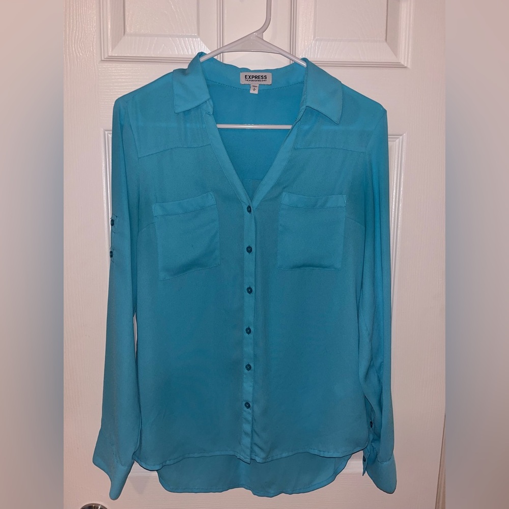 Women’s Express Bright Light Blue Button Down Portofino Button Down Size Small